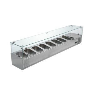 VITRINA REFRIGERADA PARA ENSALADAS Y PIZZAS SOBRE MESA